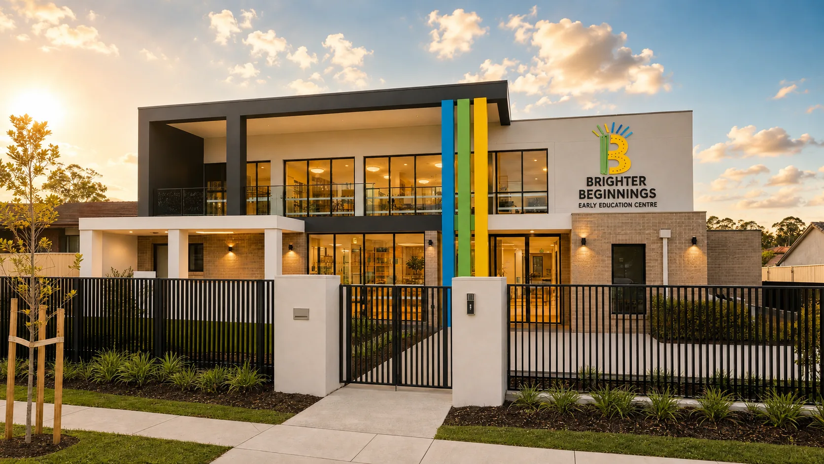The front of Brighter Beginnings Cambridge Park at sunset, its signage lit and the rooms glowing behind the glass